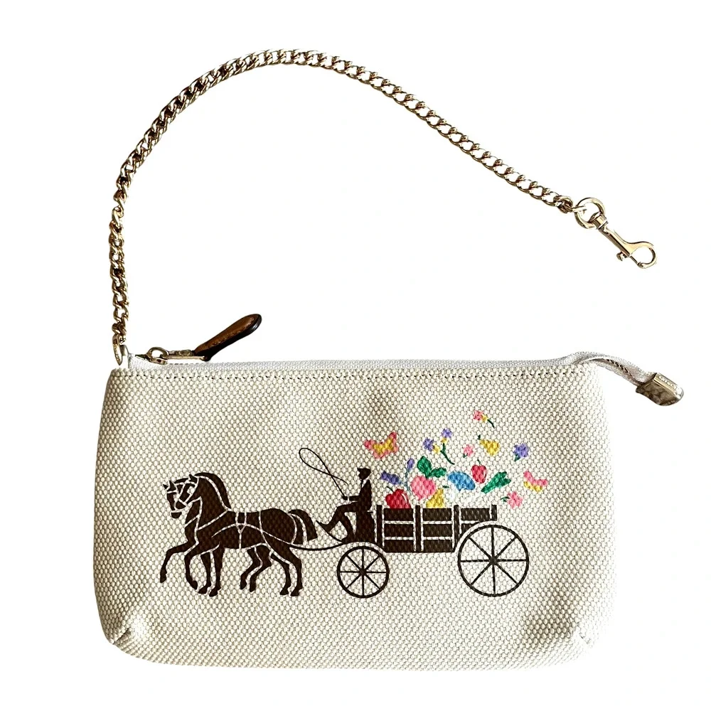 COACH C8725 Large Wristlet 19 Natural Canvas Dreamy Veggie Horse Carriage Clutch